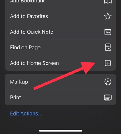 Screenshot of add to home screen button